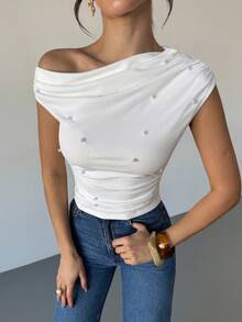 Firerie 女士时尚优雅休闲珍珠装饰不对称肩部T恤 - 白色 - 查看 1