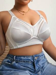 DesireSculpt Sujetador inalámbrico con encaje romántico y recogido para mujer de talla grande - Blanco - Ver 3