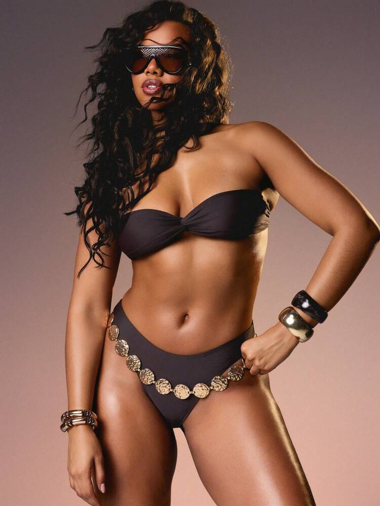 MISSGUIDED Black Bandeau Bikini Set Two Piece Swimwear Strapless Summer Beach Vacation Pool Party Swimsuit With Gold Chain Belt Detail