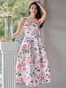 DAZY Women's Elegant Floral Print Sleeveless Square Neck Midi Dress, Summer Wedding Guest Dress - Pink - View 5