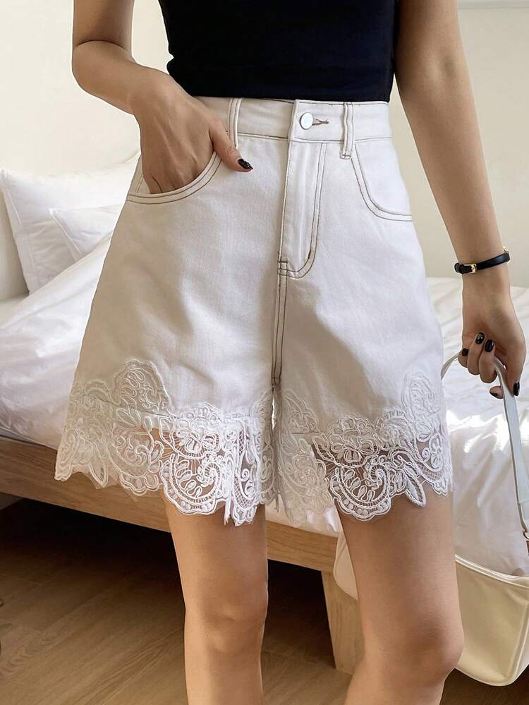 Women's Loose Casual Lace Patchwork Wide Leg Jeans Shorts, Vacation Style, Spring/Summer Jorts