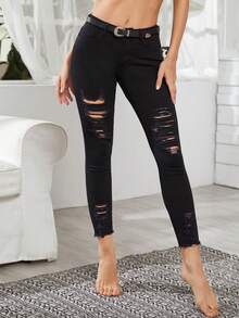 SHEIN Tall Women's Casual Ripped Black Skinny Jeans - Black - View 1