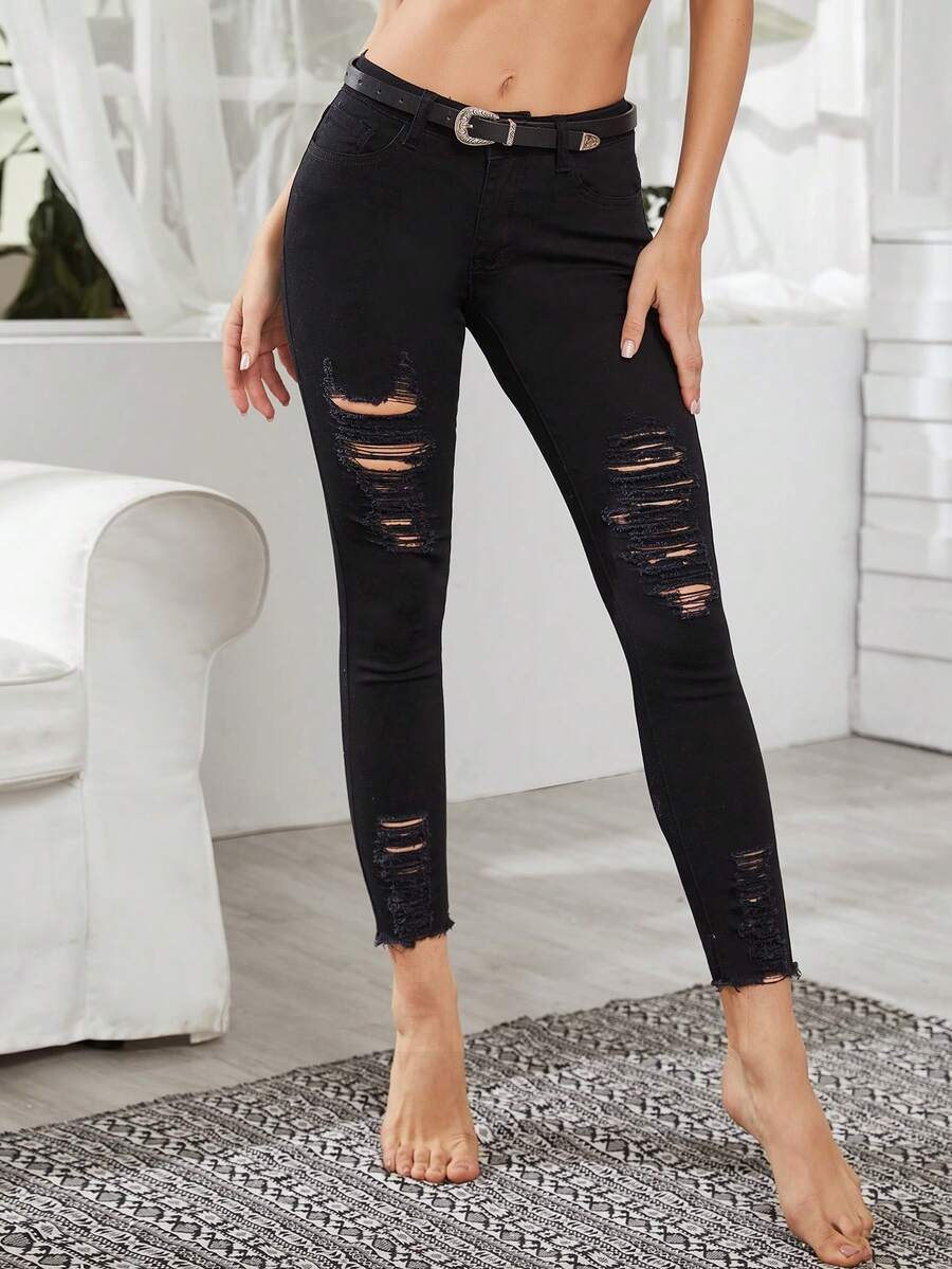 SHEIN Tall Women's Casual Ripped Black Skinny Jeans - Black - View 1