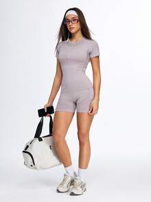 SHEIN Sports Women's Dusty Mauve Short‑Sleeve Seamless Top With Biker Shorts, Breathable Seamless Knit, Sculpting Fit For Yoga & Training, Seamless Activewear Set - Purple - View 6