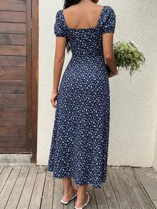 Flirla Đầm Maxi Tay Ngắn Cổ Vuông In Hoa Màu Xanh Navy Tay Phồng Thẳng Ngắn Cho Nữ - Màu xanh hải quân - Xem 2