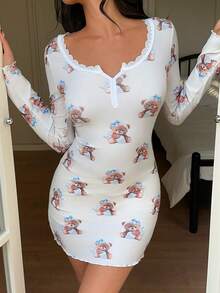 Women's Lace Trim Raglan Sleeve Teddy Bear All-Over Print Comfortable Nightgown - Multicolor - View 3