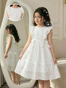 SHEIN 1件女童无袖圆领镂空荷叶边编织连衣裙，中长款白色连衣裙，夏季款 - 白色 - 查看 1