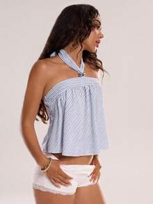 Avantive Women's Blue And White Stripe Knitted Halter Backless Loose Top,Summer Casual Vacation Holiday Outfits,Elegant Sleeveless Beachy Festival Beach Tops - Blue and White - View 4