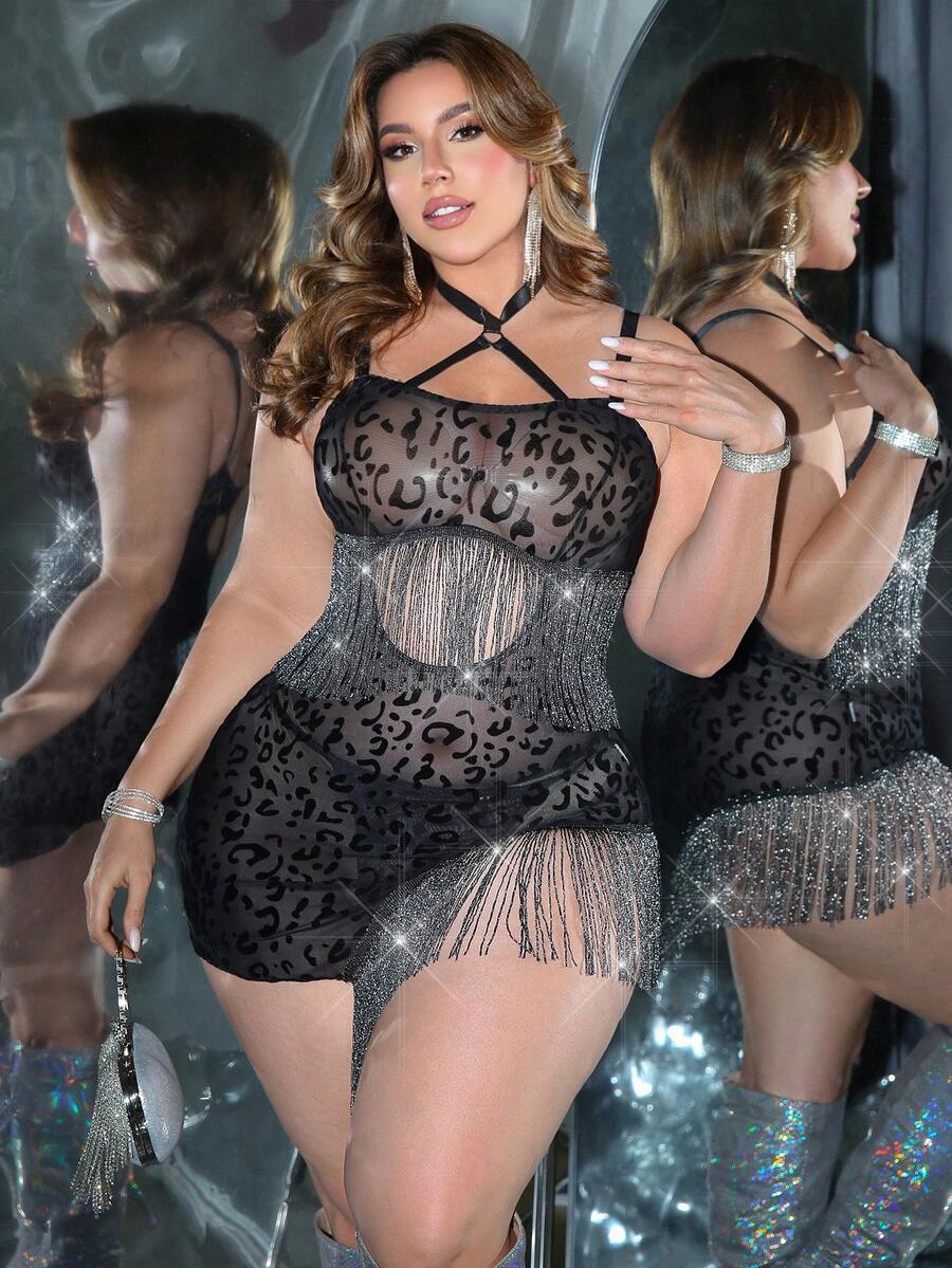 MidnightGlam Plus Size Luxurious Lace Flocked Patchwork Fringe Trim Wireless Lingerie Dress With G-String 2pcs Set - Black - View 1