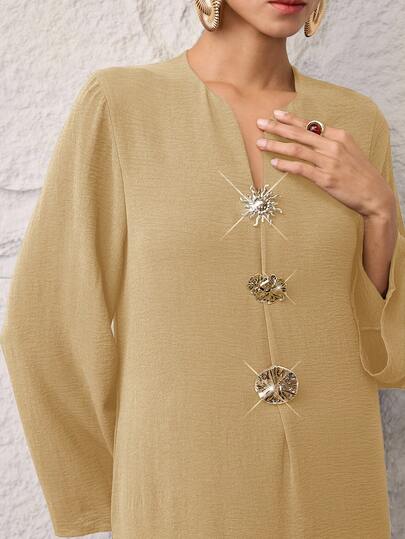 Al Najma Vestido largo árabe tradicional de manga larga y corte holgado con decoración de sol de metal para mujer