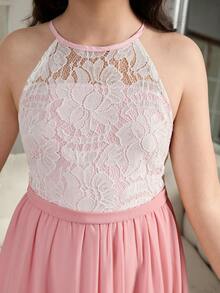Tween Girl Floral Lace Patchwork Contrast Color Elegant Halter Party Dress - Pink - View 5