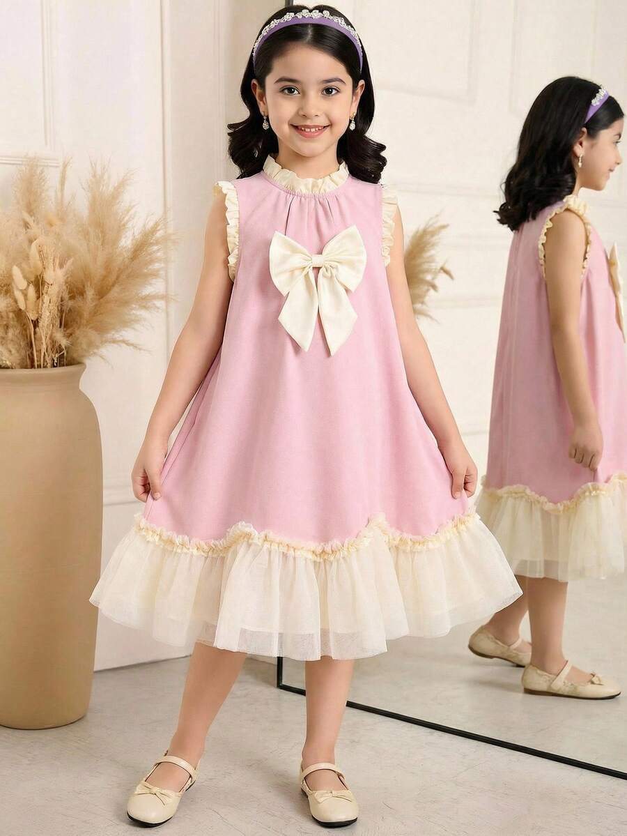 SHEIN Elladie kids 少女时尚可爱撞色蝴蝶结荷叶边连衣裙 - 粉色 - 查看 1