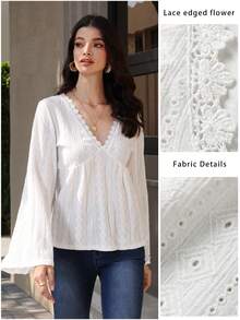 Mulvari Women's French Style Summer Beach Vacation V-Neck Long Sleeve Lace Trim Shirt Lantern Sleeve Blouse White Boho Top V Neck Blouse White Long Sleeve Blouse New Arrival Blouse Blouse For Women Casual Elegant - White - View 4
