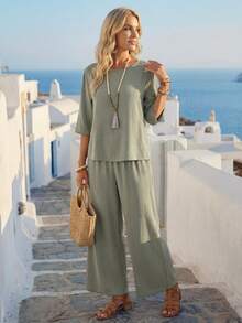 EMERY ROSE 2pcs Set Women Solid Color Elegant Round Neck Mid-Sleeve Top And Wide Leg Pants - Green - View 3