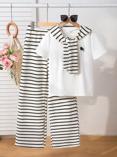 2pcs/Set Tween Girl Fashion Printed Short Sleeve Round Neck White T-Shirt And Striped Jacquard Wide Leg Pants + Shawl Outfit, Suitable For Party, Vacation, Campus, Casual Wear, Spring/Summer
