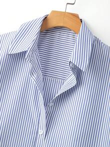 GlowEve Women's Blue Vertical Striped Shirt Collar Single-Breasted Cap Sleeve Shirt And High Waist Irregular Pleated Skirt Fashion Design Elegant Rejuvenating Spring/Summer 2-Piece Set - Blue - View 5