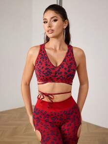 Menodora SHEIN Sport Women's Sexy Leopard Print Pole Dance Dancewear Print Sports Bra Suitable For Pole Dancing And Stage Performance   Red Black Color - Coral Orange - View 6