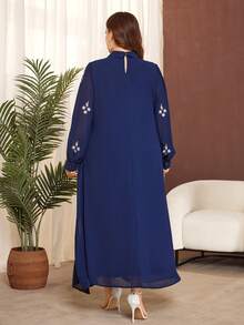 Lacomfia Đầm cỡ lớn màu xanh hải quân thêu họa tiết cổ điển, đầm dài tay dáng rộng bằng vải chiffon màu trắng có cổ áo thêu họa tiết. - Màu xanh hải quân - Xem 2