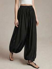 BizChic Mẫu quần harem ôm dáng, cạp chun điều chỉnh được, màu đen, có túi và dây rút ở gấu quần, dành cho mùa xuân/hè mới. - màu đen - Xem 2