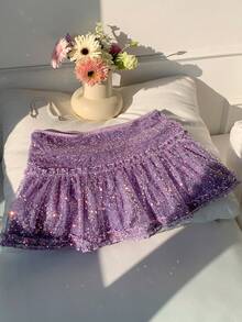 Comfortcana 女士亮片撞色网纱休闲百搭约会之夜迷你裙夏季女装 - 綠色 - 查看 4
