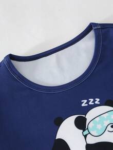 Minimalist Navy Blue Casual Vacation Pajama Set, Panda Print Crew Neck Top And Shorts 2 Pieces Loungewear Set - Violet Purple - View 4