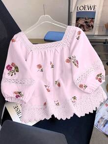 Franclia Áo sơ mi nữ cổ vuông in hoa, thích hợp mặc đi nghỉ mát mùa hè. - Màu Hồng baby - Xem 2