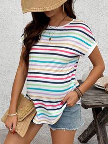 SHEIN 夏季穿搭 彩虹条纹宽松基础款T恤 孕妇日常休闲装 孕妇基础休闲彩色条纹短袖T恤 运动上衣 女士瑜伽上衣 Y2K衬衫 女士条纹衬衫 休闲衬衫 女士上衣 女式衬衫 T恤 女士夏季穿搭 女士上衣 夏季女士上衣 孕妇装 条纹T恤 夏季条纹上衣 短袖T恤 休闲T恤 女士休闲上衣 女士衬衫 - 彩色 - 查看 7