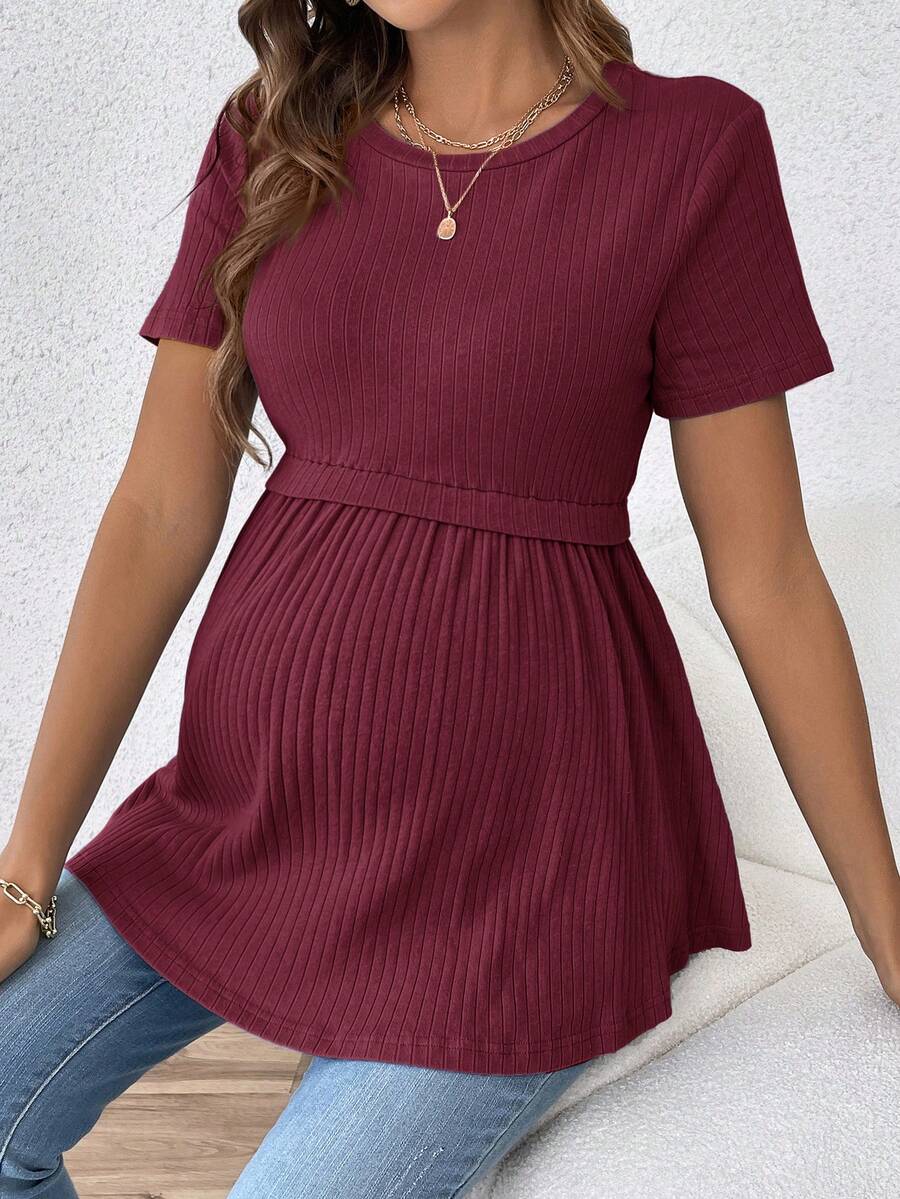 SHEIN Tricou elegant și romantic pentru maternitate, cu guler rotund și mânecă scurtă, model romantic, pentru petrecere, cu dezvăluirea sexului - Burgundia - Vizualizare 1