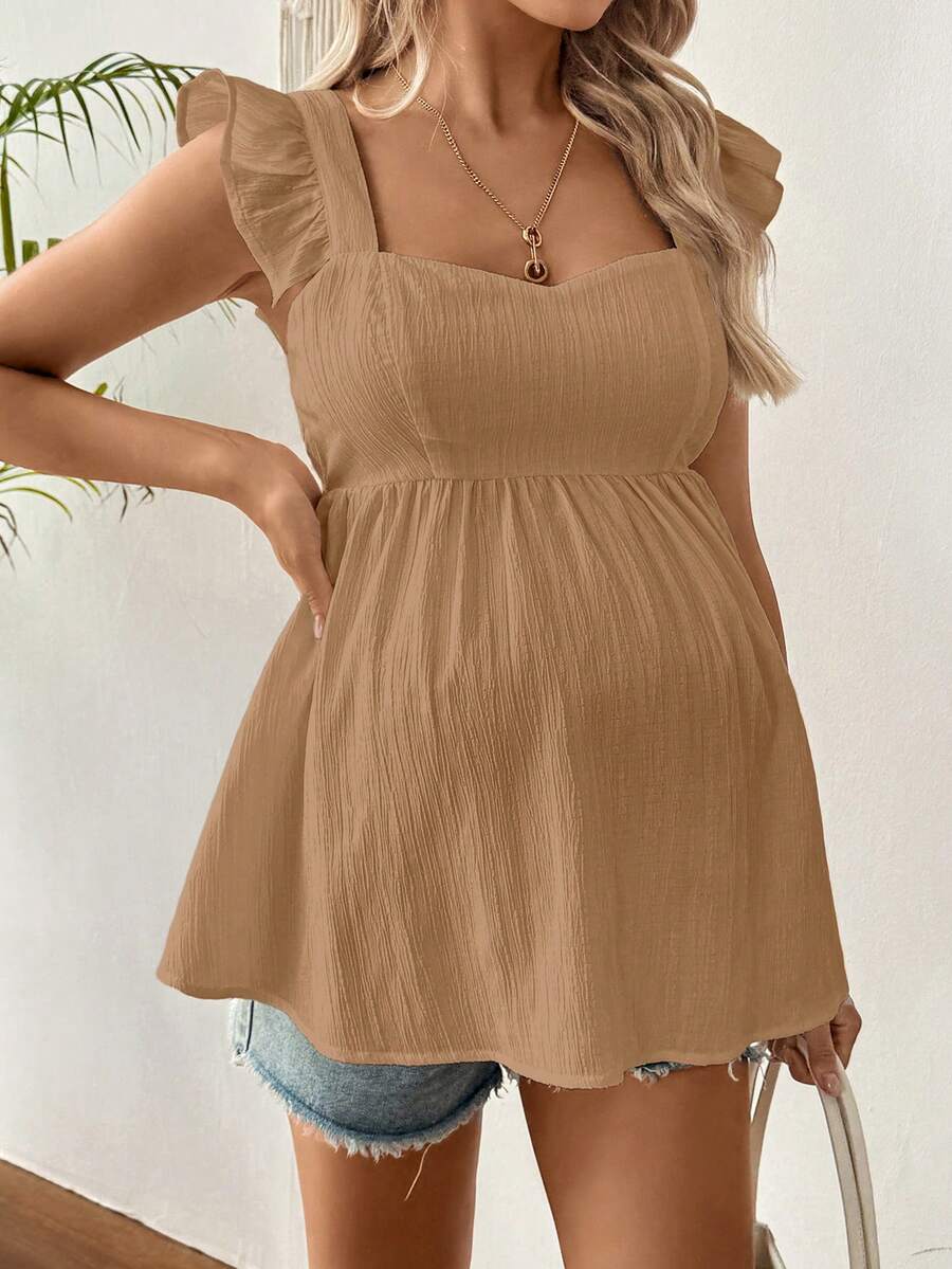 SHEIN Áo sơ mi nữ bầu màu trơn cổ tim tay ngắn xếp ly bèo nhún kiểu dáng thường ngày - Màu Khaki - Xem 1