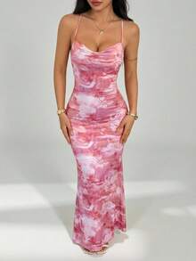 SHEIN PETITE 女士深V领露背扎染印花连衣裙 - 粉色 - 查看 3