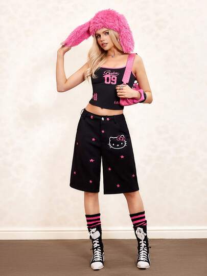 HELLO KITTY AND FRIENDS | SHEIN 女士休闲字母刺绣猫咪印花短裤，夏季