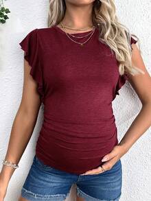 SHEIN 夏季红色孕妇T恤，侧边褶皱，荷叶边袖口，休闲日常穿着。孕妇休闲度假通勤纯色荷叶边袖褶皱修身T恤，夏季酒红色上衣，深红色上衣，褶皱上衣，荷叶边袖上衣，酒红色上衣，女士褶皱上衣，酒红色上衣，女士休闲上衣，女士上衣，女士优雅上衣，女士衬衫，新款T恤，女士孕妇装，孕妇上衣，女士休闲上衣，女士上衣，女士衬衫，T恤，女士休闲套装，女士上衣，女士休闲平价上衣 - 酒紅色 - 查看 4