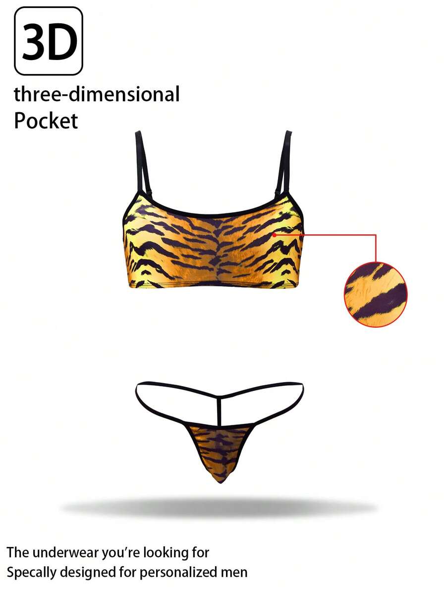 Men's Tiger Print Camisole Top And Thong Underwear Sexy Set - Multicolor - View 1