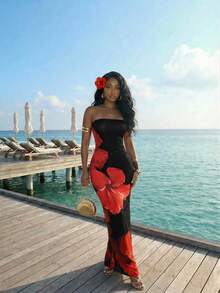 Slaydiva 新款春夏音乐节情人节休闲简约基础款Y2K街头甜美网红热销日常约会辣妹风性感休闲优雅生日派对无肩带定位红色花朵满印黑色修身长裙H型长裙女式长裙 - 黑色 - 查看 10