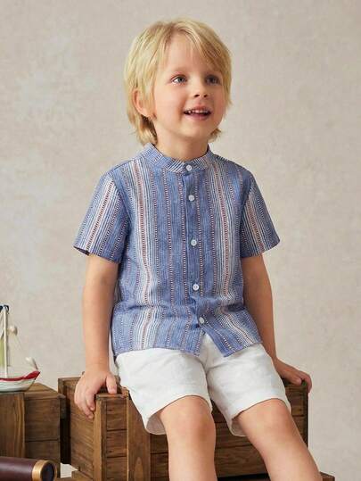 PrepCrw 2pcs Young Boys Elegant Urban College Blue & White Striped Woven Slim Fit Mandarin Collar Short Sleeve Top And White Shorts, Suitable For Casual Daily, Outings, Gatherings, Festivals, Spring & Summer