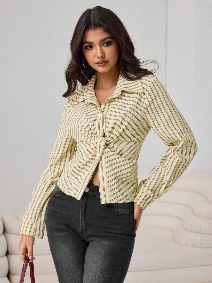Aidyla Women's Yellow Woven Striped Textured Waist Drawstring Button-Up Elegant Blouse, Spring/Summer Western Top 70s Tops Tops For Women Tie Up Shirt Striped Blouse Elegant Yellow Striped Fabric Long Sleeve Collared Shirt For Women With Regular Hem And Twist Detail - Yellow - View 1