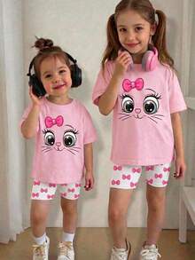 SHEIN Baby Girl Casual Round Neck Short Sleeve T-Shirt And Leggings Set, Spring/Summer Casual Wear - Multicolor - View 1