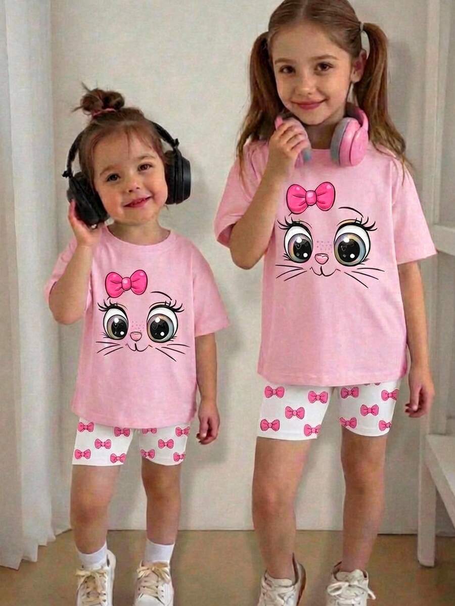 SHEIN Baby Girl Casual Round Neck Short Sleeve T-Shirt And Leggings Set, Spring/Summer Casual Wear - Multicolor - View 1