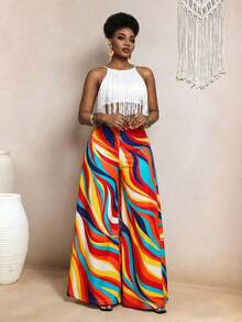 SHEIN BamGlam 彩虹波浪印花阔腿裤——飘逸高腰度假裤 - 彩色 - 查看 3