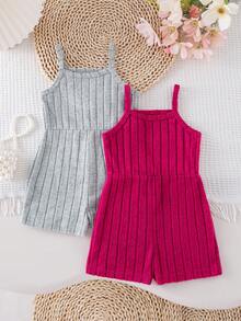 2pcs/Set Baby Girls' Summer New Sleeveless Ribbed Fabric Shorts Romper, Fuchsia/Gray Ribbed Fabric, Minimalist Cute Versatile Casual Holiday Jumpsuit 2pcs Set - Multicolor - View 4