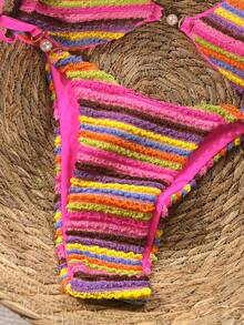 Swim Vcay 2026春夏彩色毛巾质感面料细肩带可调节露背挂脖抽绳腰身珍珠纽扣侧边高衩比基尼两件套泳衣女式钩针比基尼套装系带比基尼套装 - 彩色 - 查看 5