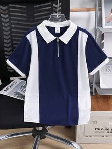 SHEIN 男童休闲撞色Polo衫，短袖，适合秋季、春季、夏季穿着，可用于户外玩耍、上学、街头穿搭、派对和休闲活动。 - 寶藍色 - 查看 6