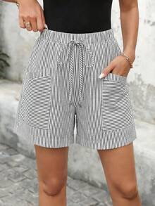 EMERY ROSE 女士条纹抽绳腰带休闲百搭日常短裤 - 獵人綠 - 查看 1