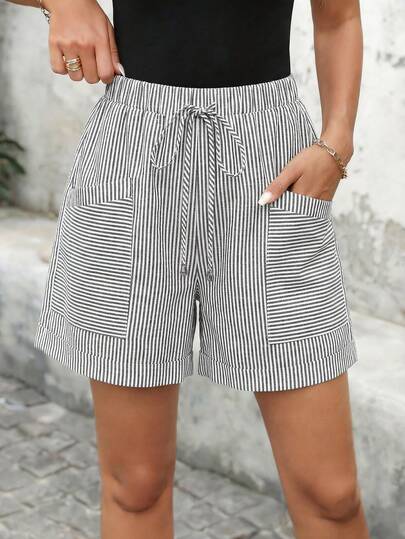 EMERY ROSE מכנסיים קצרים עם שרוך ומפוספסים לנשים, קז'ואל, רב-תכליתיים, ללבישה יומיומית