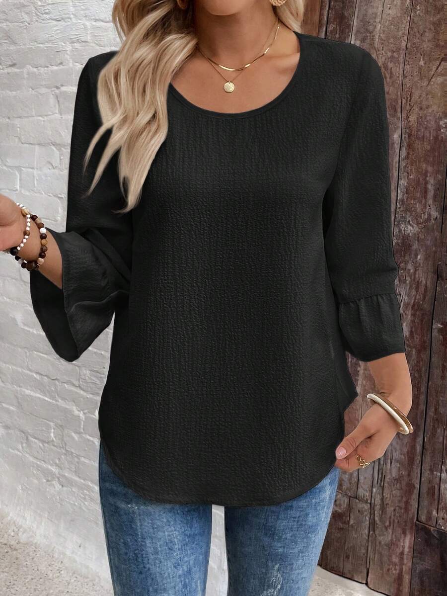 EMERY ROSE 女士纯色圆领休闲百搭七分袖衬衫 - 黑色 - 查看 1