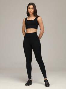 Sigmas Women's Square Neck Tank Yoga Workout Top - Black - View 3