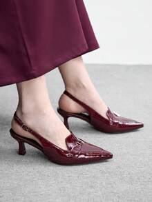 CUCCOO BIZCHIC Women Shoes Spring And Summer New French Pointed Stiletto Mid-Heel Empty Burgundy Single Shoes Outer Wear - Burgundy - View 1