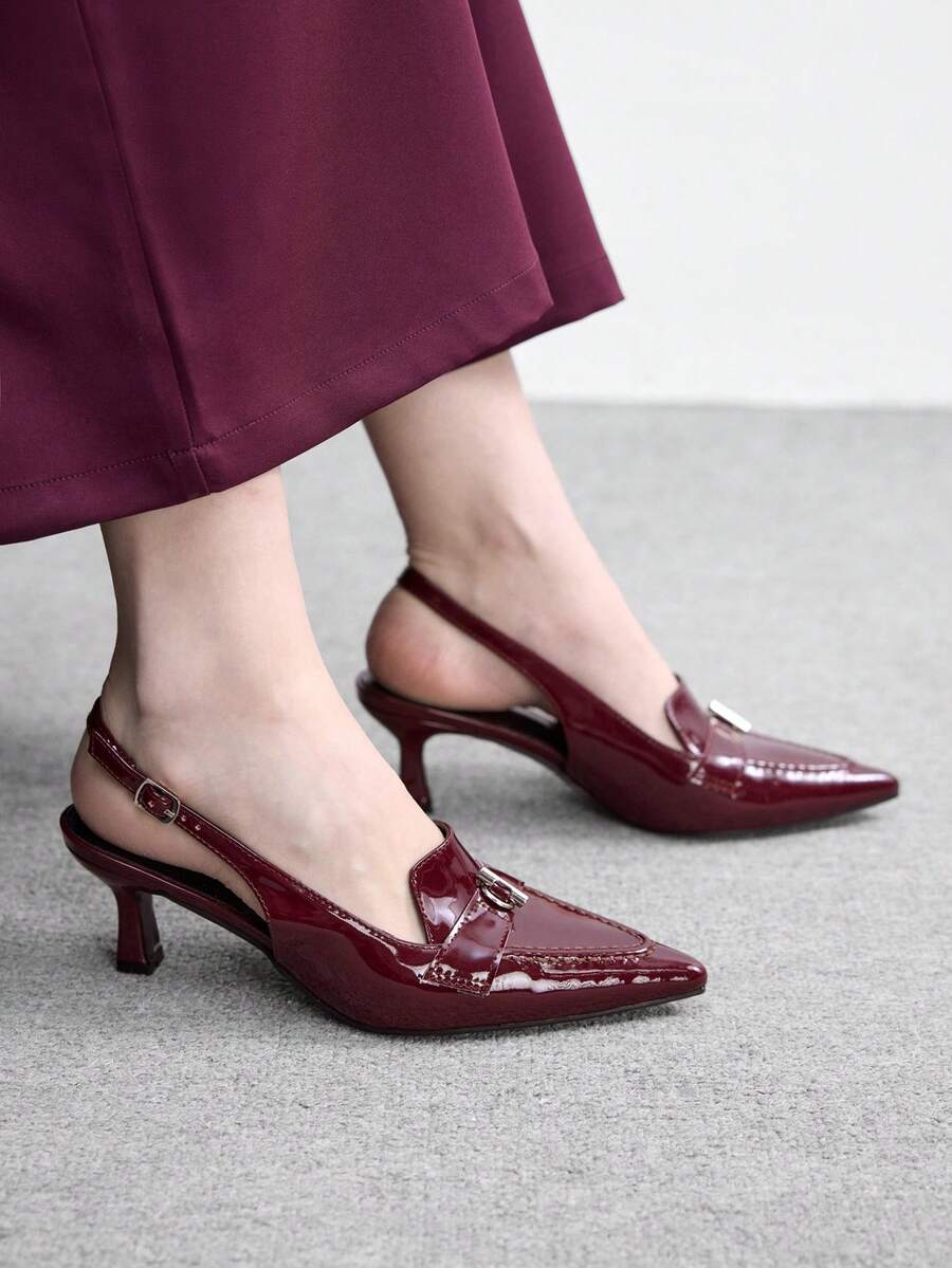 CUCCOO BIZCHIC Women Shoes Spring And Summer New French Pointed Stiletto Mid-Heel Empty Burgundy Single Shoes Outer Wear - Burgundy - View 1
