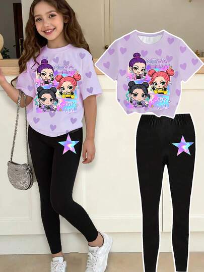 2pcs/Set Tween Girls K-Pop Cartoon Character Graphic Crew Neck Short Sleeve T-Shirt And Leggings Set, Suitable For K-Pop Fans And Everyday Wear, Casual Top For Daily, Outdoor, Sports And School, Spring Summer All Season Girls Casual Outfit. Teenage Girls Casual T-Shirt And Leggings Set, Suitable For Teenage Girls