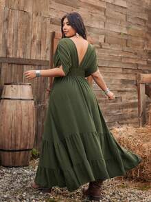 Ceyna Plus Size Women New Military Green Shoulder Sleeve A-Line Patchwork Waist Midi Dress Women's Summer Dresses Shirred Around Dresses For Ladies Woman Dress Women's Plus Size Dresses Women Holiday Dress Luxury Dresses For Women Vacation Outfits Women Dress Bohemian Outfit For Women Dress Boho Plus Size Women's Summer Outfits Chic Dresses For Women Plus Size Women's Dress Casual Dresses For Woman Drawstring Waist Dress Women's Summer Dresses Shirred Dress Women's Plus Size Dresses - Green - View 2